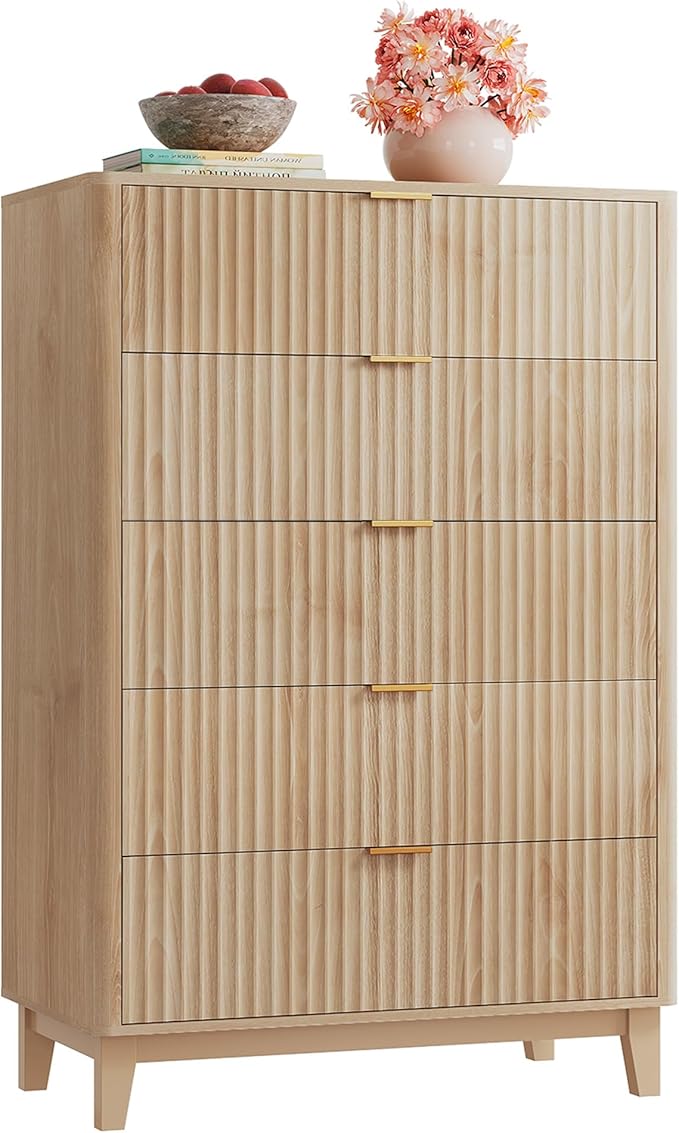 WLIVE Fluted Dresser for Bedroom with 5 Drawers, 46.26" Tall Wood Dresser with Golden Metal Handles, Mid Century Modern Chest of Drawers for Living Room, Hallway, Closet, Natural Oak