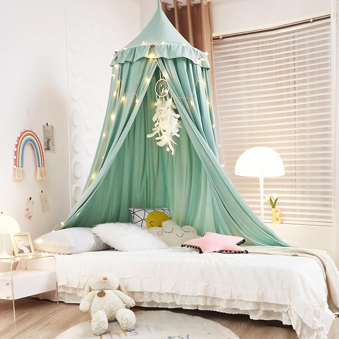 Kertnic Decor Canopy for Kids Bed, Soft Smooth Playing Tent Canopy Girls Room Decoration Princess Castle, Dreamy Mosquito Net Bedding, Children Reading Nook Canopies in Home (Green)