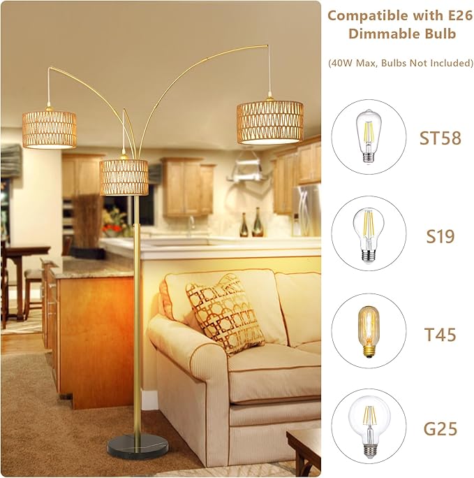 Modern Gold Floor Lamp for Bedroom, Arc Standing Lamp for Living Room, Dimmable Boho Rattan Tall Lamp, Farmhouse Floor Lamps for Office Decor, Height Adjustable Arched Lamp, Over Couch Reading Lamp