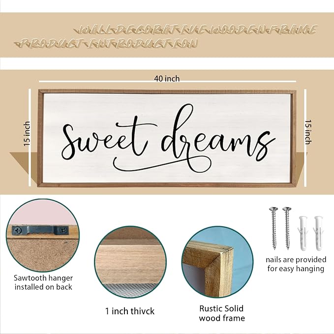 comurdyo Sweet Dreams Wall Decor Above Bed Sign 40" x 15" Master Bedroom Wooden Antique Framed Large Rustic Farmhouse Guest Room Beautiful Simple Hanging Plaque Over Bed Wall Art (Wood)