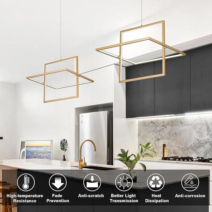 Modern LED Chandelier Led Pendant Light Square Contemporary Chandelier Hanging Light Dimmable for Living Room, Dining Room, Bedroom, Kitchen, Stydy Room 65W 3000K/4000K/6000K (Glod)