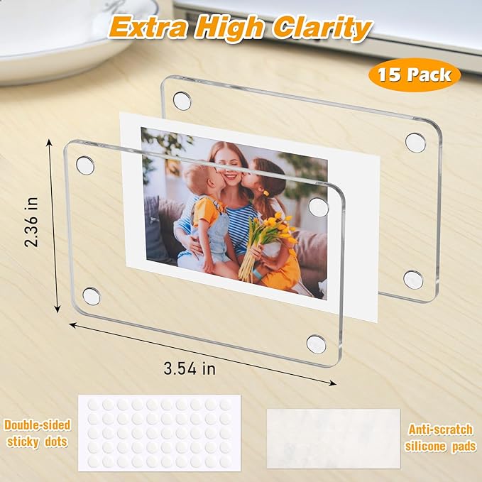 15 Pack Acrylic Fridge Magnetic Frame for Polaroid, 2.36x3.54 In Mini Picture Frames for Fujifilm Instax Mini, Double Sided Photo Refrigerator Magnet Picture Frame Clear Picture Display Frame
