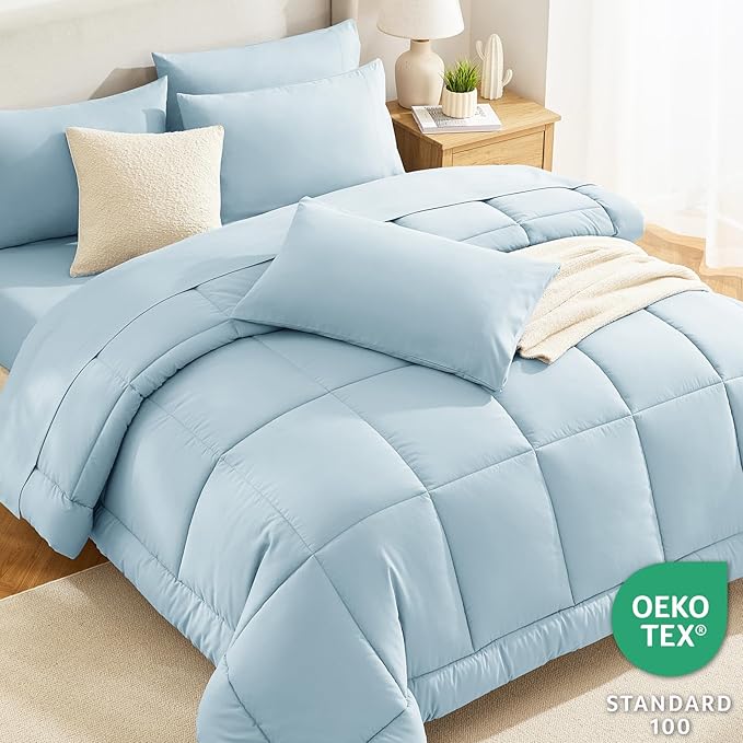 CozyLux Queen Comforter Set Light Blue, 7 Pieces Bed in a Bag, Blue Comforter Queen Size, All Season Bedding Sets with Stitch Quilted Comforter, Flat Sheet, Fitted Sheet, Pillowcases