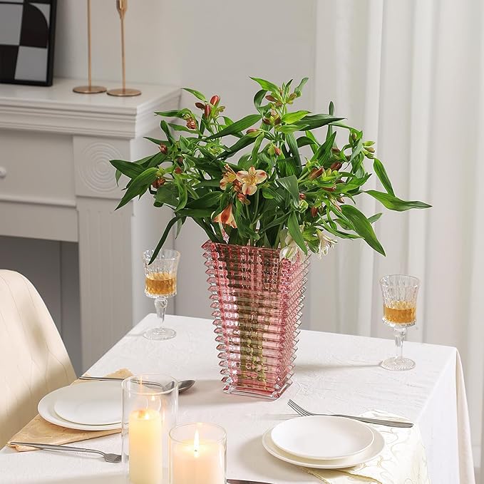 MCMCNCUIU Crystal Glass Vase, Large Crystal Vases for Flowers, Large Flower Vase, Pink Modern Vases for Living Room, Bedroom, Kitchen, Dining Table, Mantle, Wedding, 11 Inches