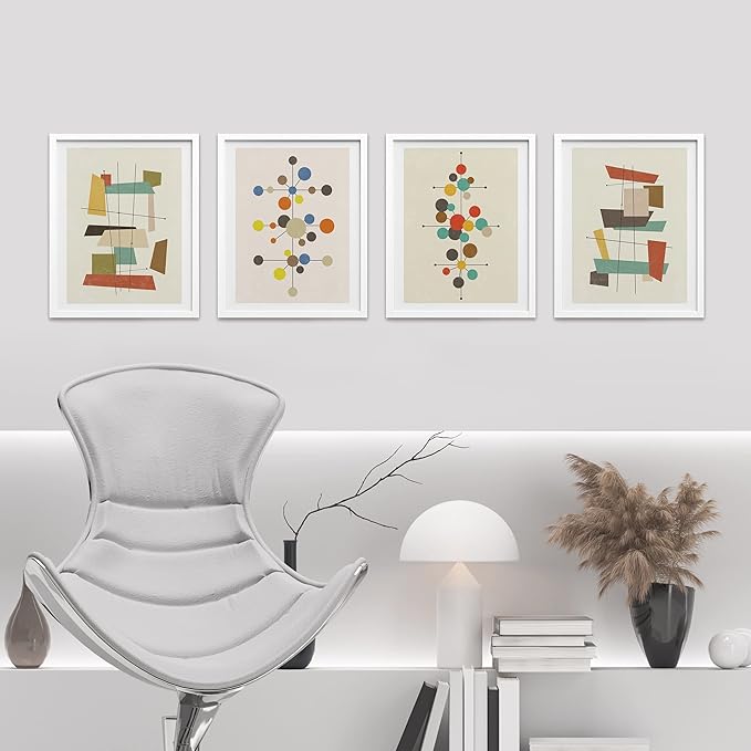 SIGNWIN Framed Mid-Century Modern 1960s Vintage Nordic Polygons Wall Art, Set of 4 Abstract Geometric Wall Decor Prints, Nature Wilderness Wall Décor for Living Room, Bedroom - 12"x16" White