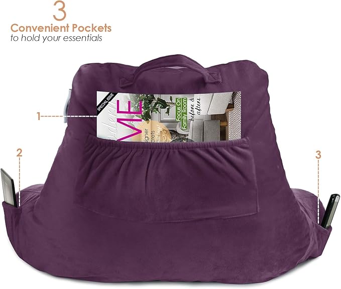 Nestl Reading Pillow Standard Bed Pillow, Back Pillow for Sitting in Bed Shredded Memory Foam Chair Pillow, Reading & Bed Rest Pillows Purple Back Pillow for Bed, Bed Chair Arm Pillow with Pockets