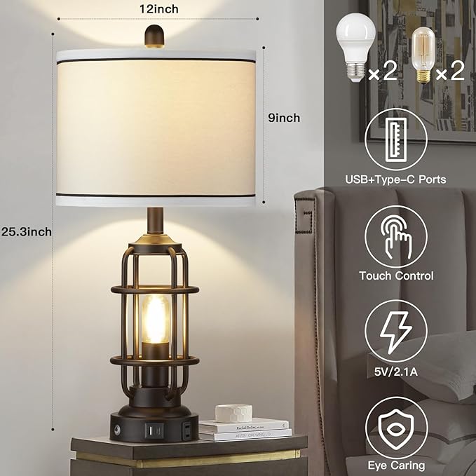 Modern Table Lamps Set of 2, Industrial 3-Way Dimmable Bedside Lamp with USB A+C Ports & AC Outlet, 25" Touch Control Nightstand Lamp LED Night Light for Living Room Bedroom Home(4 Bulbs Included)