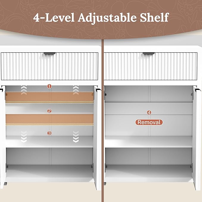 Fluted Sideboard Buffet Cabinet with Storage Drawers, 55" Large Accent Storage Cabinet with Doors and Adjustable Shelf, Modern Farmhouse Credenza for Entryway, Kitchen, Living Room - White