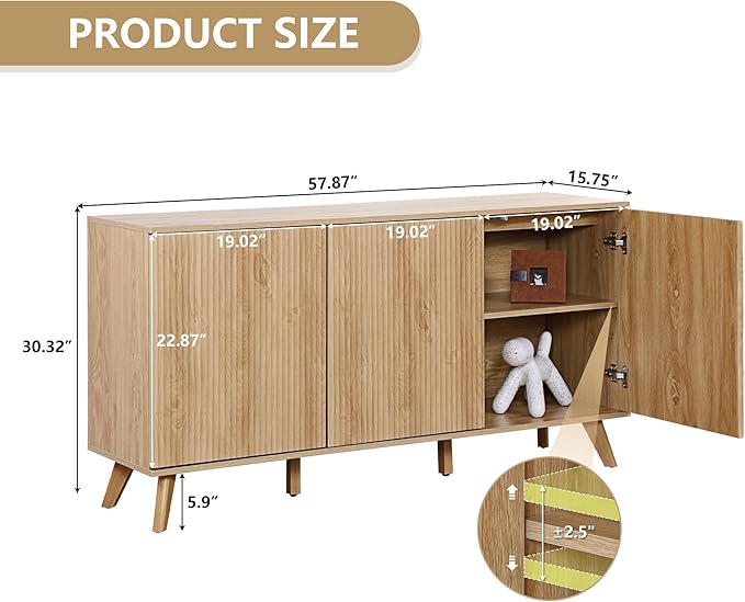 Fluted Sideboard Buffet Cabinet with Storage, Modern Storage Cabinet with 3 Doors, Wood Credenza Buffet Sideboards, Bar Cabinets Console Table for Kitchen Dining Living Room Entryway (Natural)