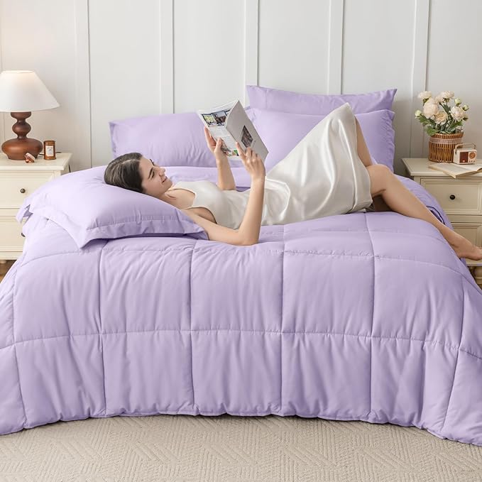 JOLLYVOGUE King Comforter Set, Ultra-Soft Bed in a Bag King Size 7 Pieces, Oeko-TEX Certified Bedding Set with Down Alternative Comforter, Sheets, Pillowcases & Shams, Lavender