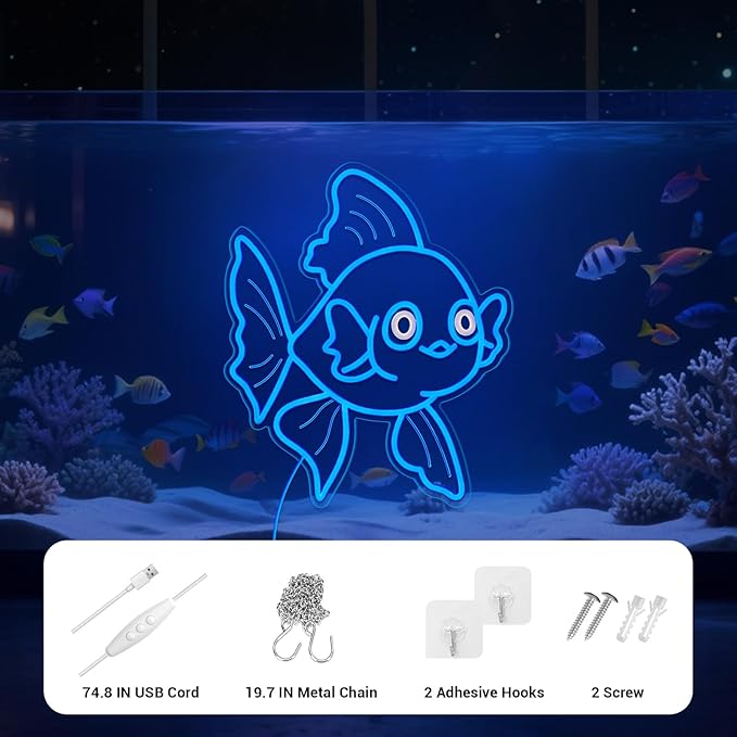 Neon Signs for Wall Decor Lucky Blue Goldfish LED Signs for Wall Art Decor Ocean theme Restaurant Home Bar Kitchen Dining Bedroom Decor Christmas Gifts
