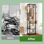 IBUYKE Coat Rack with Shelves, Freestanding Hall Tree with 3 Shelves and 8 Hooks, Industrial Clothes Stand for Entryway, Hallway, Bedroom, Black UTMJ088B