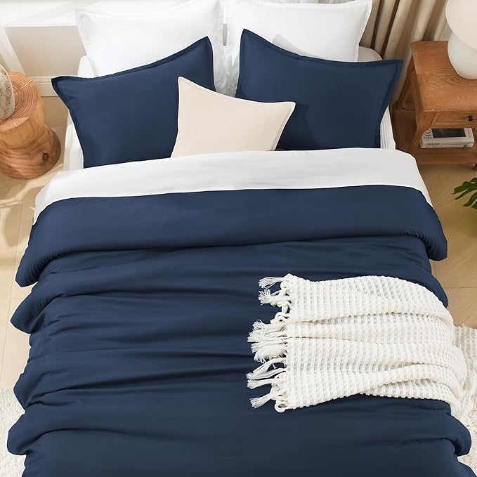 Litanika Navy Blue Comforters Oversized King Size, 3 Pieces Lightweight Solid Bedding Comforter Set, All Season Fluffy Bed Set (120x98In Comforter & 2 Pillowcases)