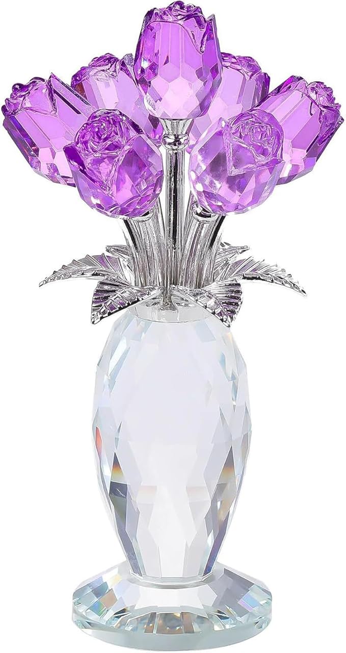 Glass Rose Flowers, Crystal Glass Figurines Rose Decorations for Home Gifts for Mom Wife Grandma, Crystal Flowers Collectible Ornament Mother's Day Thanksgiving Anniversary Birthday Gifts(Purple Rose)