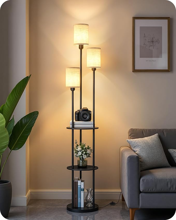 Floor Lamp with Shelves, Modern Floor Lamp with 3 Linen Shades and Foot Switch, 3-Light Standing Lamp, for Living Room, Bedroom, Study, Office, Black and Beige E53LD05