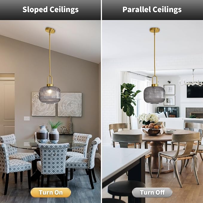 Modern Smoky Gray Glass Pendant Light Fixtures, Mid Century Pendant Lights for Kitchen Island, 9.8" Gold Adjustable Height Ceiling Hanging Light Fixtures for Dining Room Entryway Foyer Hallway
