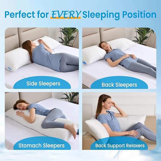 QUTOOL Luxury Cooling Body Pillows for Adults, Adjustable Loft Shredded Memory Foam Full Body Pillow, Long Pillow for Bed with Removable Double-Sided Soft & Cool Cover, White (18"x51")