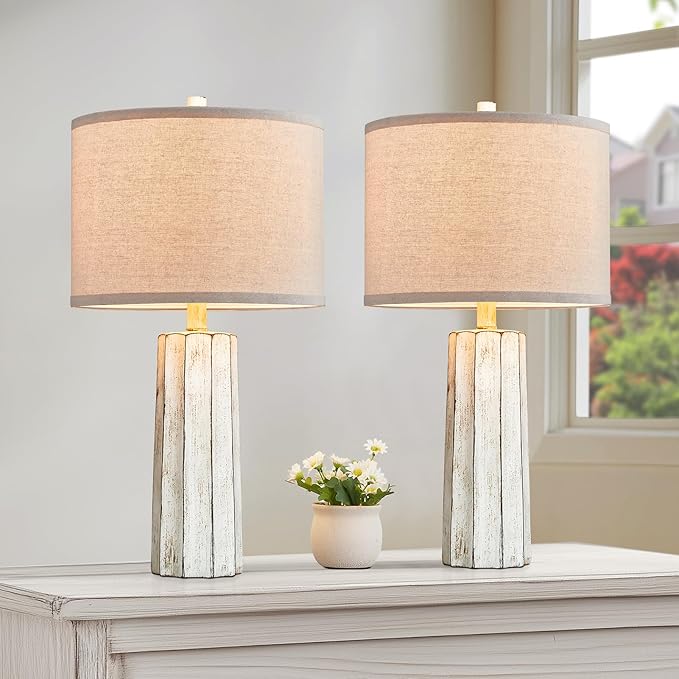 RORIANO 24'' Rustic Table Lamps Set of 2 for Bedroom Living Room, Wash White Farmhouse Vintage Desk Lamps Modern Resin Nightstand Lamps for Office Entryway End Table, 2 Bulbs Included (Wash White)