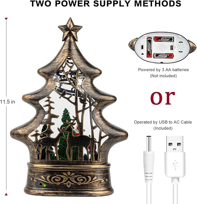 Musical Snow Globe Christmas Tree Lantern Lighted Santa's List Christmas Snow Water Lantern Swirling Glittering Home Decoration and Gift, Battery Operated or USB Powered