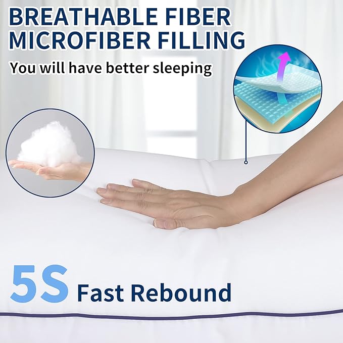 Hotel Quality Cooling Queen Size Bed Pillows Set of 4 - Soft, Firm, and Supportive Down Alternative Pillows for Back, Stomach, and Side Sleepers