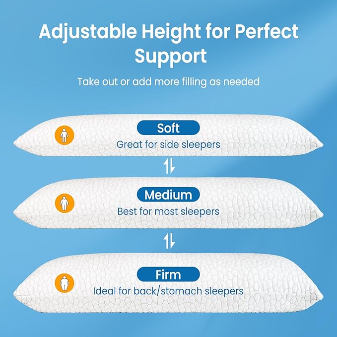 QUTOOL Luxury Cooling Body Pillows for Adults, Adjustable Loft Shredded Memory Foam Full Body Pillow, Long Pillow for Bed with Removable Double-Sided Soft & Cool Cover, White (18"x51")