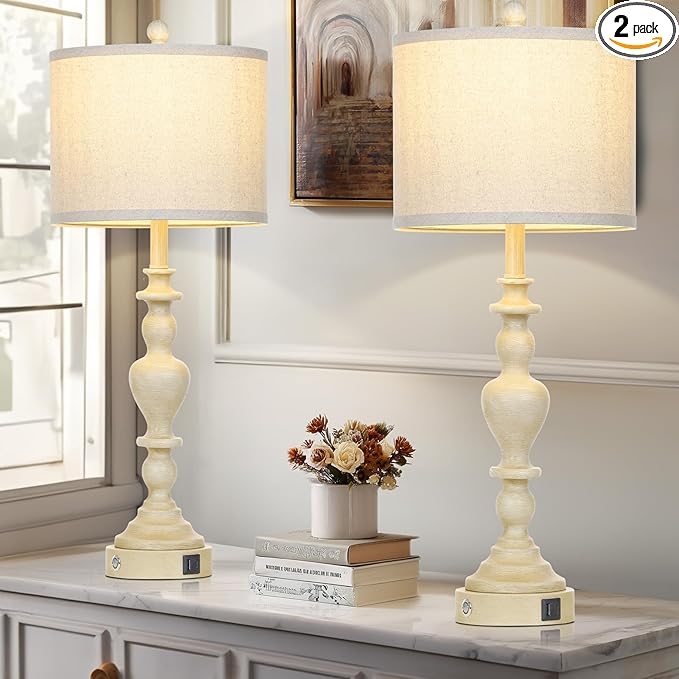 27" Vintage Farmhouse Table Lamps for Living Room Set of 2, Rustic Nightstand Lamps with USB C+A Ports, 3-Way Dimmable Retro Bedside Lamps for Bedroom Office 2 LED Bulbs Included Washed Antique Beige