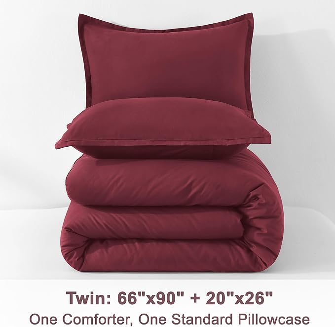 Litanika Burgundy Red Comforter Set Twin/Twin XL Size, 2 Pieces Lightweight Solid Bedding Comforter Set, All Season Fluffy Bed Set (66x90In Comforter & 1 Pillowcase)