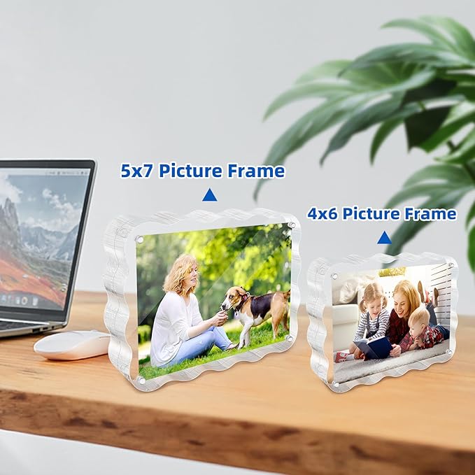 3 Pack 4x6 Acrylic Magnetic Picture Frame, 20 mm Thick Clear Double Sided Freestanding Photo Frame, Transparent Frameless Floating Frames with Magnets Corners, Scalloped