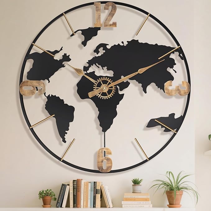 30 Inch Large Modern Decorative Metal World Map Wall Clocks Giant Extra Vintage Gold Arabic Numeral Oversized Wall Clock for Living Room,Office,Dining Room,Entryway,Fireplace