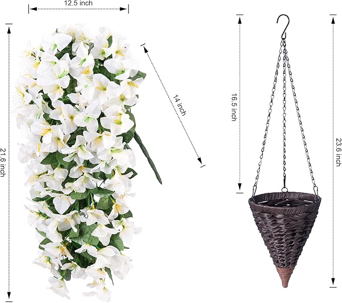 Artificial Bougainvillea Faux Flowers Plants Baskets for Outdoor Outside Summer Decoration, 3 PCS Fake Silk Long Hanging Vines UV Resistant Realistic for Front Door Porch Patio Balcony, White