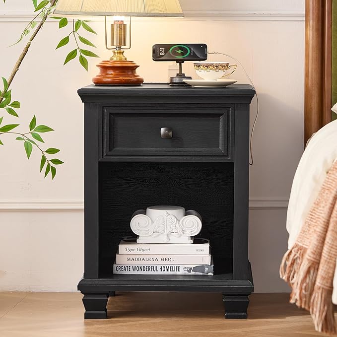 Farmhouse Side Table with Charging Station, Rustic Wood End Table with Drawer, Small Nightstand with Open Shelf for Bedroom, End Tables for Living Room, Black
