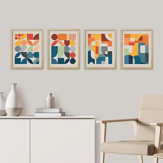 SIGNWIN Framed Mid-Century Modern Colorful Geometric Polygons Wall Art, Set of 4 Abstract Geometric Wall Decor Prints, Nature Wilderness Wall Décor for Living Room, Bedroom - 11"x14" Natural