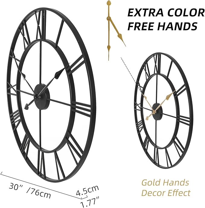 INFINITY TIME Large 30 Inch Wall Clocks for Modern Living Room Decor,Black Metal Roman Numeral Wall Clock Decorative for Dinning Room,Home Office