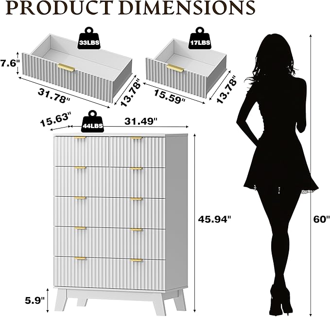 46" Tall Dresser for Bedroom, 6-Drawer Fluted Chest of Drawers, Modern Wood Highboy with Deep Storage, Metal Slides and Handles, Anti-Tip Kit, Vertical Clothes Organizer for Apartment, Nursery