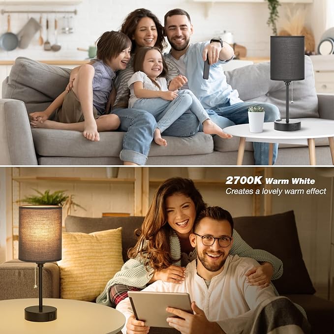 Dicoool Black Bedroom Lamp 3 Color Temperatures - Small Bedside Lamps with USB C and A Ports, Pull Chain Table Lamps with AC Outlet, Black Nightstand Light for Kids Sleeping