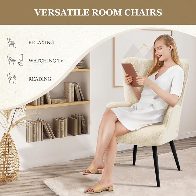 Furnimart Accent Chairs Set of 2, White Sherpa Reading Armchair with High Backrest, Wingback Corner Chair Mid Century Modern for Living Room, Bedroom, Waiting Room