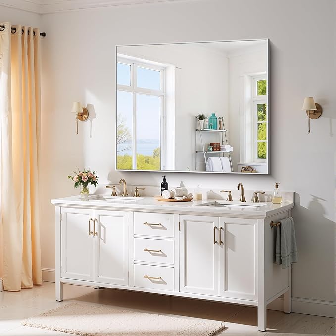 YIROMAN Bathroom Mirror 48"x40", Large Brushed Silver Bathroom Mirror for Over Sink with Aluminum Frame, Rectangular Vanity Mirror with Right Angle, Wall Mirror Hangs Horizontal or Vertical