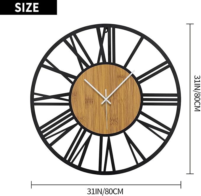 1st owned Wall Clocks for Living Room Decor,32" Vintage,Round Silent Little Ticking,Black Metal,Modern Wood Clocks for Home Bedroom,Kitchen,Garden,Office,Cafe,Modern Wall Decoration -Roman Numerals