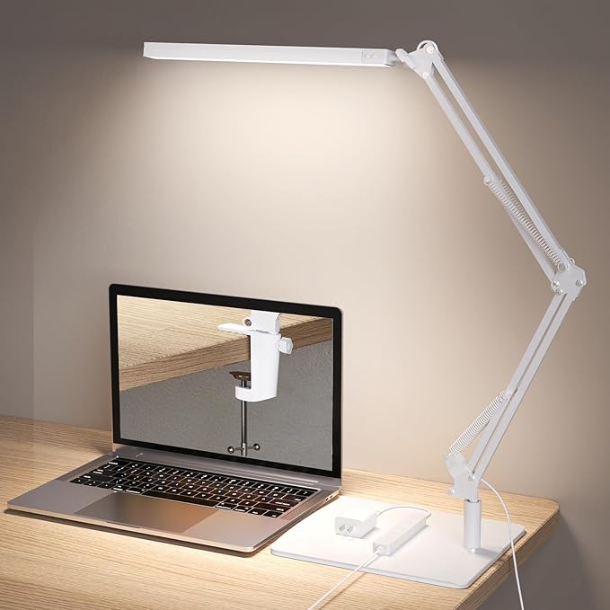 LED Desk Lamp with Clamp and Round Base,Eye Caring Table Lamp with Swing Arm,3 Color Modes 10 Brightness Levels,Memory Function,Desk Light for Home Office with USB Adapter White-14W