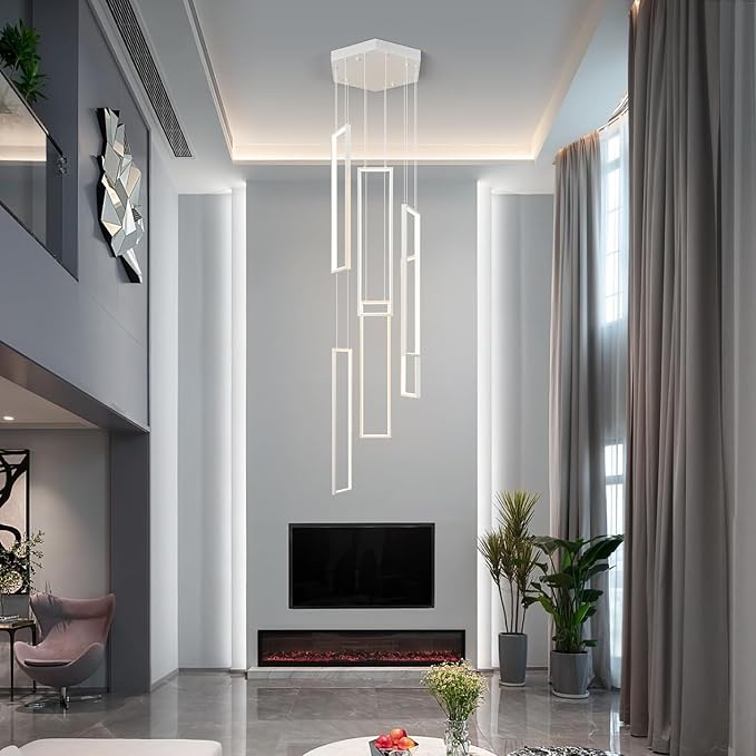 Modern Adjustable Height Pendant Light White 108W LED Pendant Lights 6 Rings Rectangular Chandelier Staircase Large Chandelier Lobby Living Room Kitchen Island Foyer High Ceiling Chandeliers