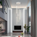 Modern Adjustable Height Pendant Light White 108W LED Pendant Lights 6 Rings Rectangular Chandelier Staircase Large Chandelier Lobby Living Room Kitchen Island Foyer High Ceiling Chandeliers