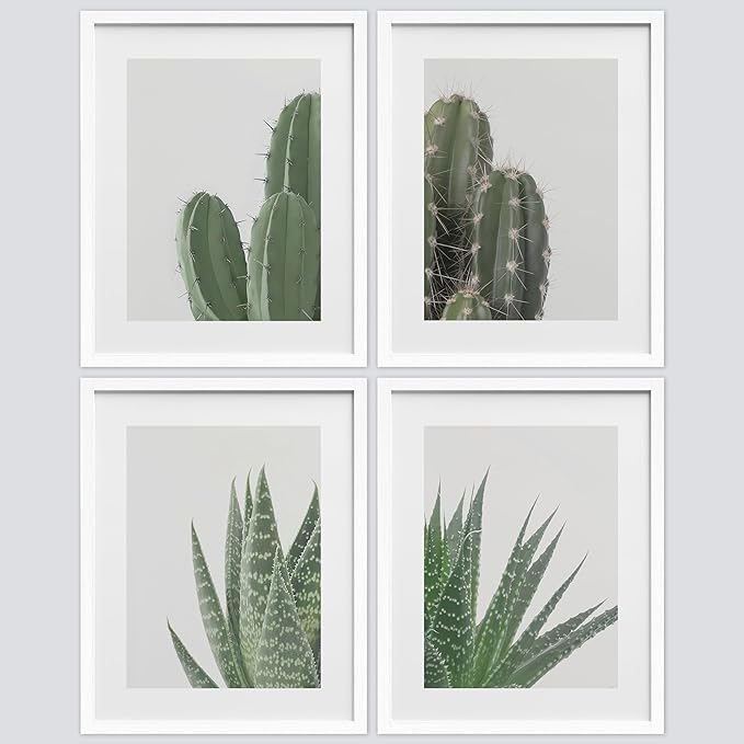 SIGNWIN Framed Green Cactus Snake Plant Wall Art, Set of 4 Collage Desert Landscape Wall Decor Prints, Nature Wilderness Wall Décor for Living Room, Bedroom - 8"x10" White