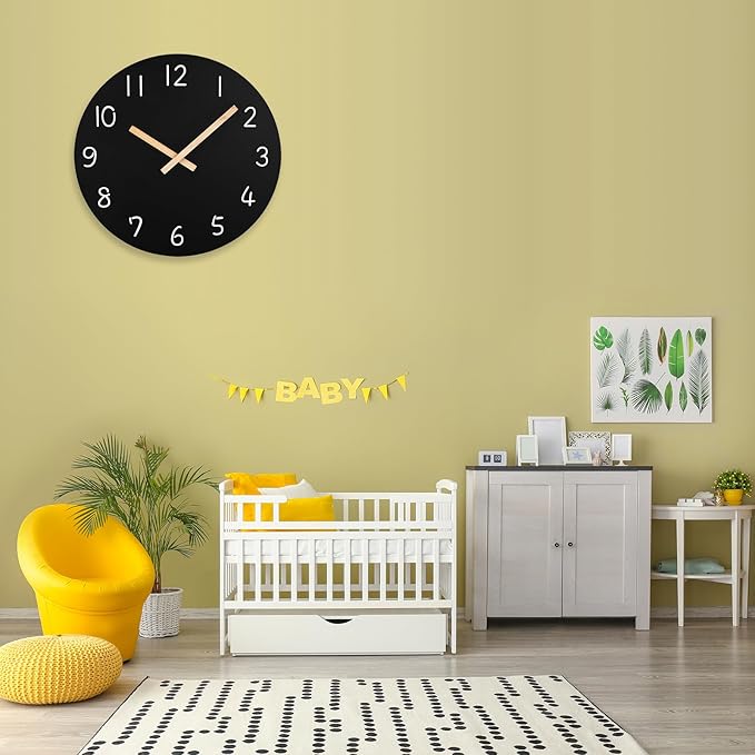 Plumeet 16'' Extra Large Wall Clock Frameless Wooden Clocks with Silent Quartz Movement - Modern Style Village Wall Clocks Decorative Home Kitchen - Battery Operated (Black)