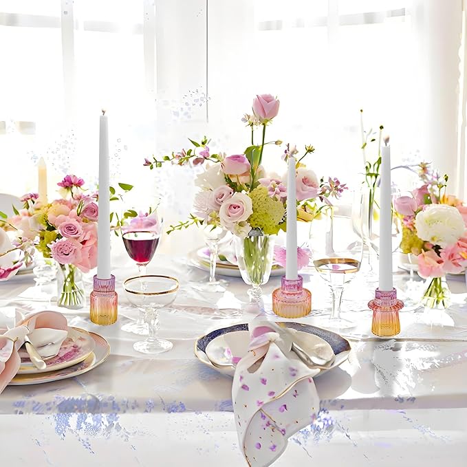 Double Sided Vintage Ribbed Taper Glass Candle Holders,Tea Candle Holder for Table Centerpieces, Wedding Decorations and Dinner Parties (Purple-Pink-Yellow, 3 PCS)