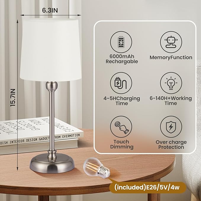 Cordless Small Table Lamp, 6000mAh Rechargeable Battery Powered,LED Touch Control Dimmable Bedside Operated Table Top,Light for Bedroom/Home/Restaurant/Entryway/Dining/Living Room(Brushed Nickel-High)