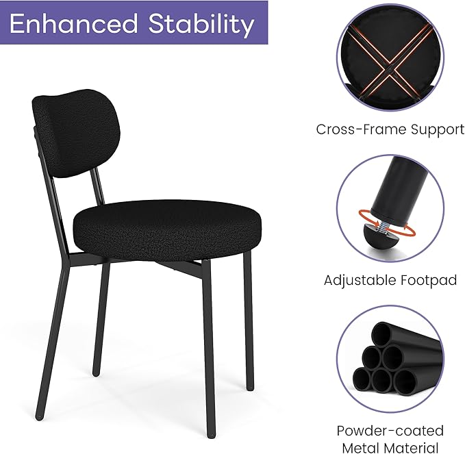 Dining Chairs Set of 2 pcs, Boucle Comfortable Upholstered Seat Fabric with Curved Backrest, Mid Century Modern Contemporary Scandinavian Designer Chairs Ideal for Dining Room, Kitchen, Black