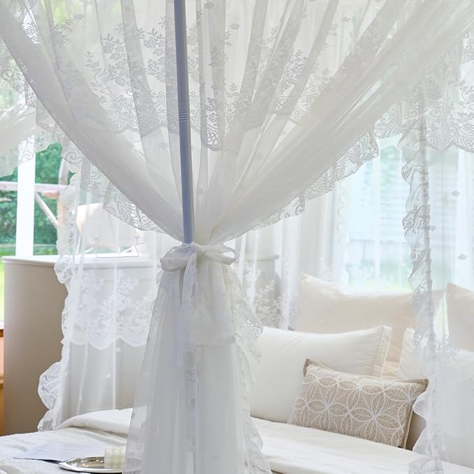 AIKASY Elegant Lace Princess 4-Poster Bed Canopy Mosquito Net - Romantic Wedding Bridal Bedroom Decor, Kids Room Bed Curtain for Women Adults - (White1,Full)