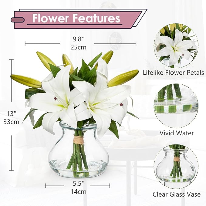 Artificial Flowers Tiger Lily Real Touch with Vase Easter Lily White Lilies Silk Faux Flowers Arrangements in Glass Vase with Faux Water Easter Decor Fake Floral Bulk Bouquet for Office Home Decor