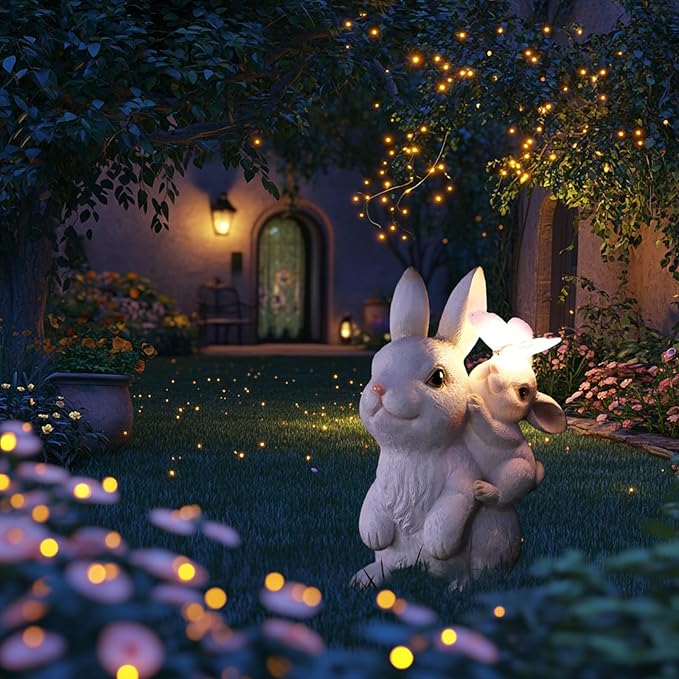Solar Garden Statues Rabbit with Solar Lights,Mother&Baby Bunny Figurine with Butterfly Changing Lights for Yard Art Garden&Patio Decor,Unique Easter&Birthday Gifts for Women Mom Grandma