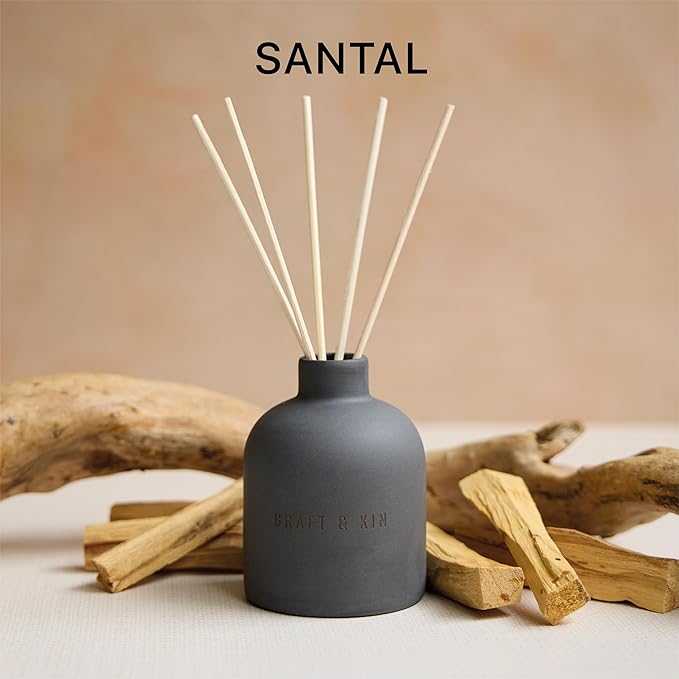 Craft & Kin Reed Diffuser for Home & Bathroom – Santal Woods Reed Diffuser Set with Fragrance Sticks, Long-Lasting Alcohol-Free Scent, Fall Earthenware Collection, 6.7oz